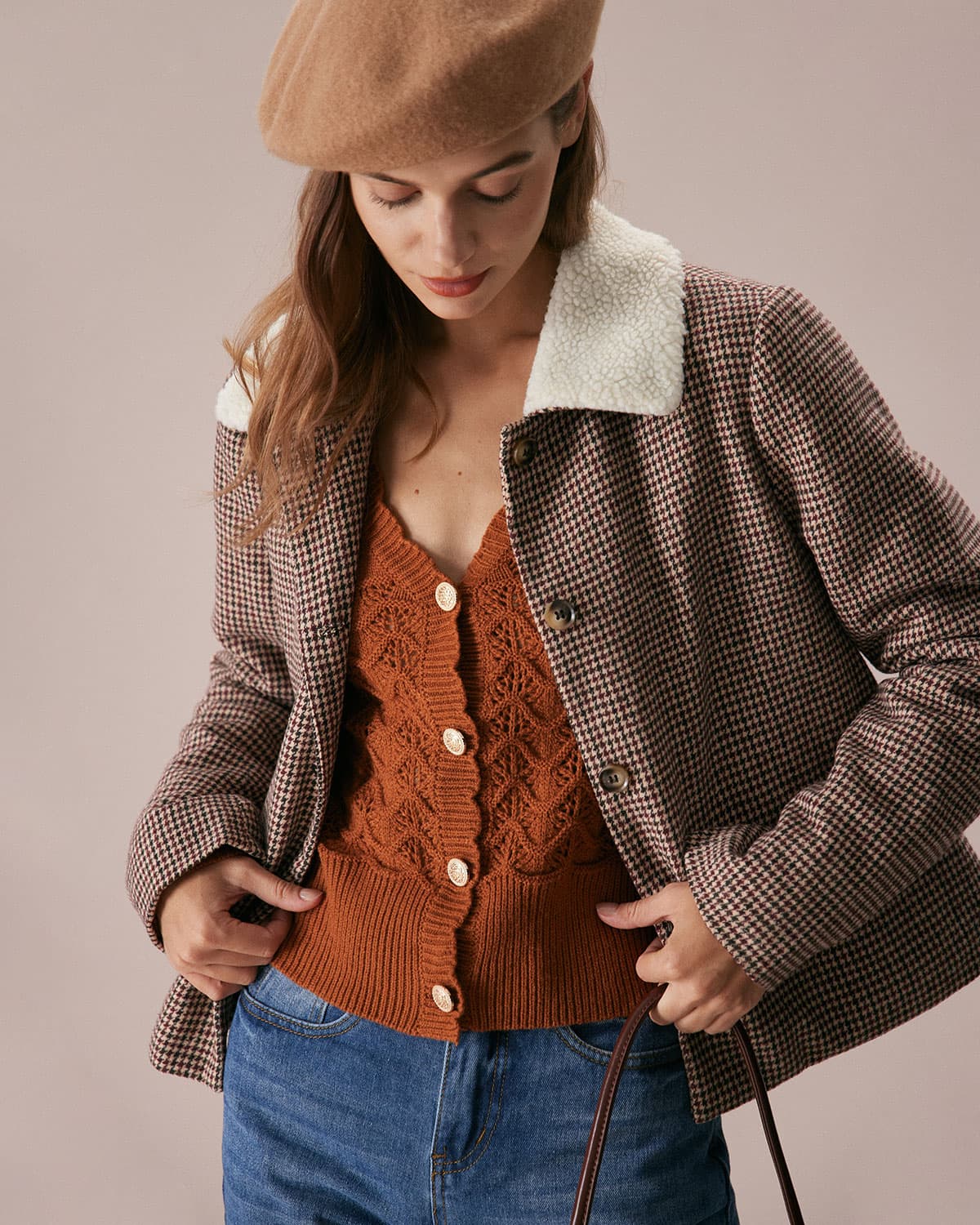 Καφέ Μπουφάν Houndstooth Με Πέτο Και Αρκουδάκι