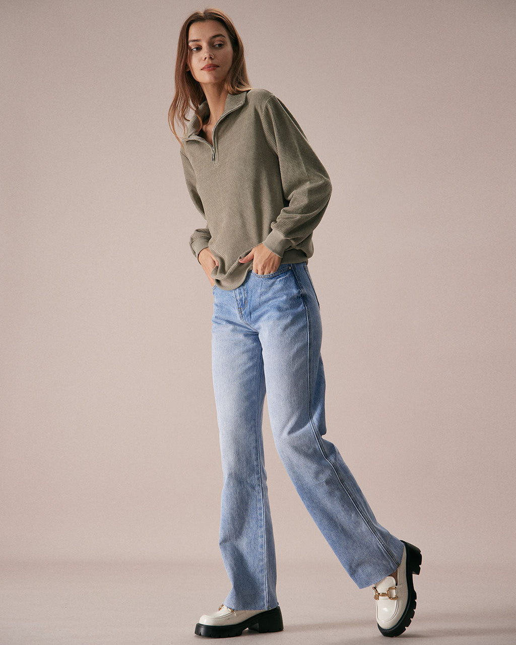 Πράσινο Φούτερ Με Φερμουάρ Και Ανοιχτούς Ώμους