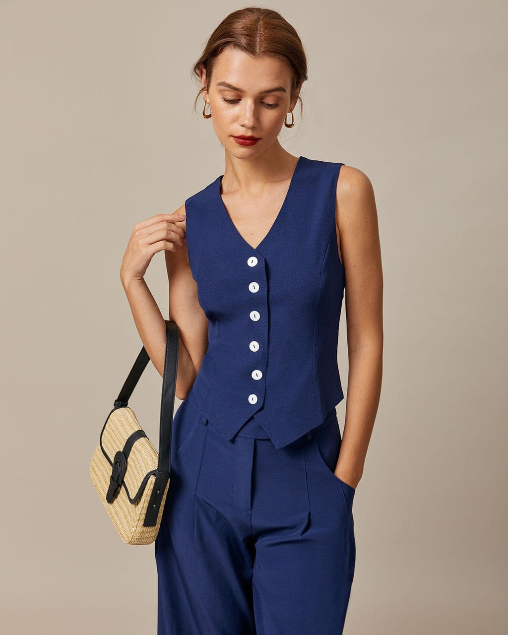 Παντελόνι Με Τσέπες Και Ψηλή Μέση Σε Μπλε Σκούρο Χρώμα