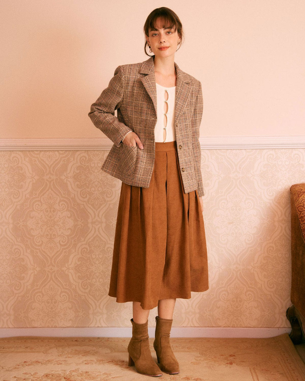 Καφέ Γιακάς Με Καρό, Μονόπετο Σακάκι