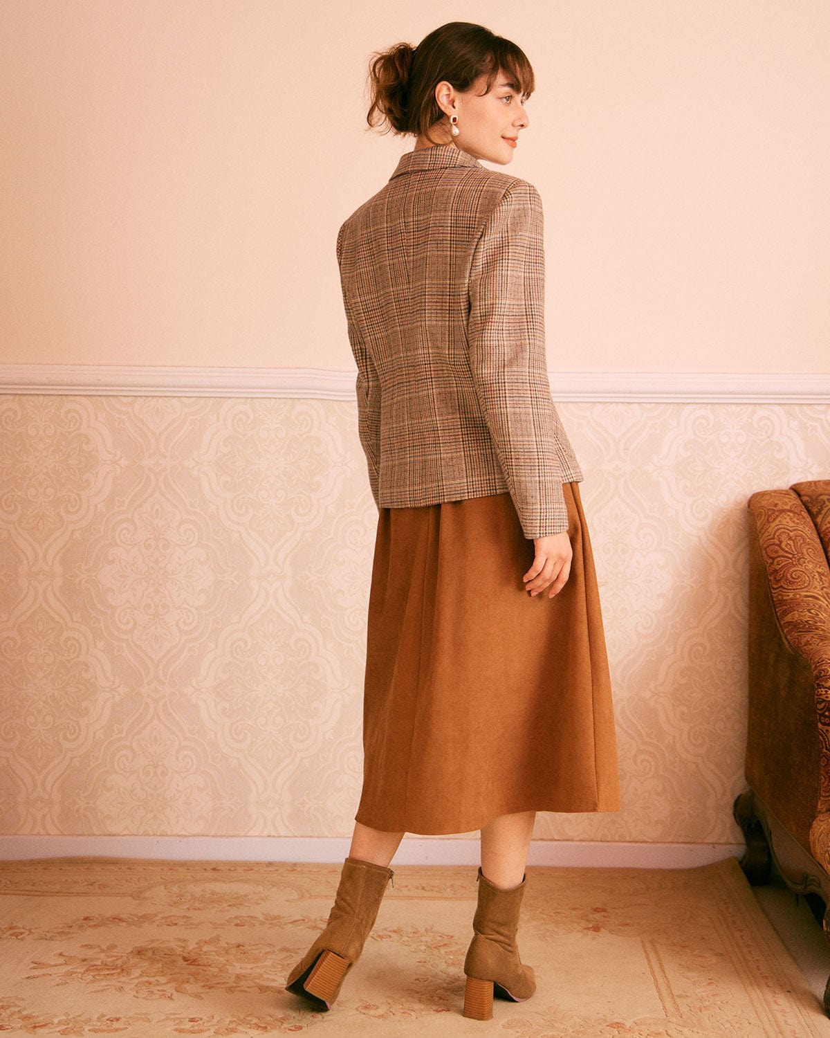 Καφέ Γιακάς Με Καρό, Μονόπετο Σακάκι