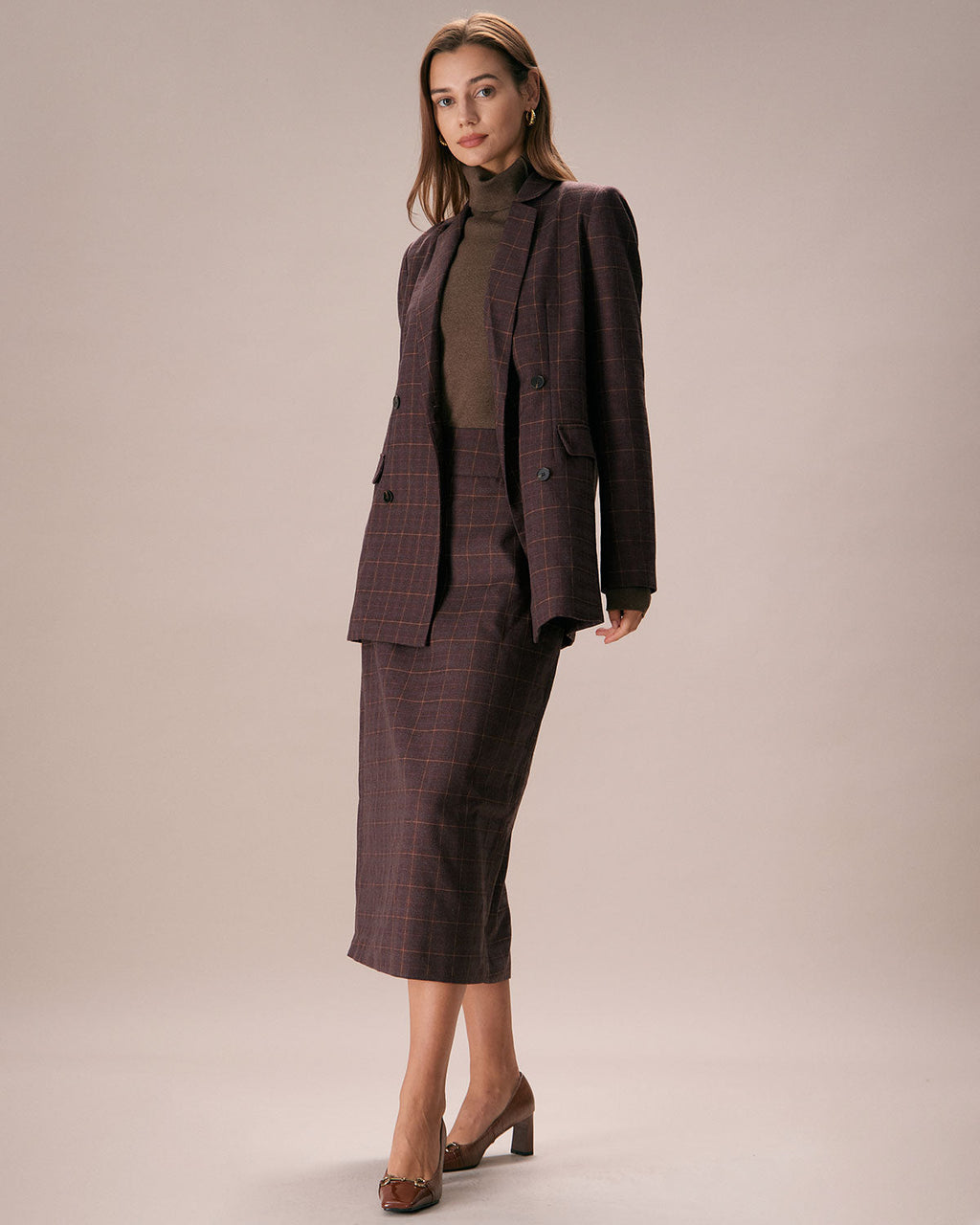 Καφέ Καρό Σακάκι Με Δύο Κουμπιά Και Πέτο