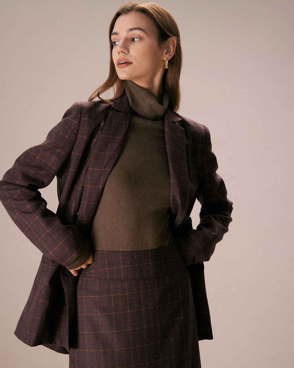 Καφέ Καρό Σακάκι Με Δύο Κουμπιά Και Πέτο