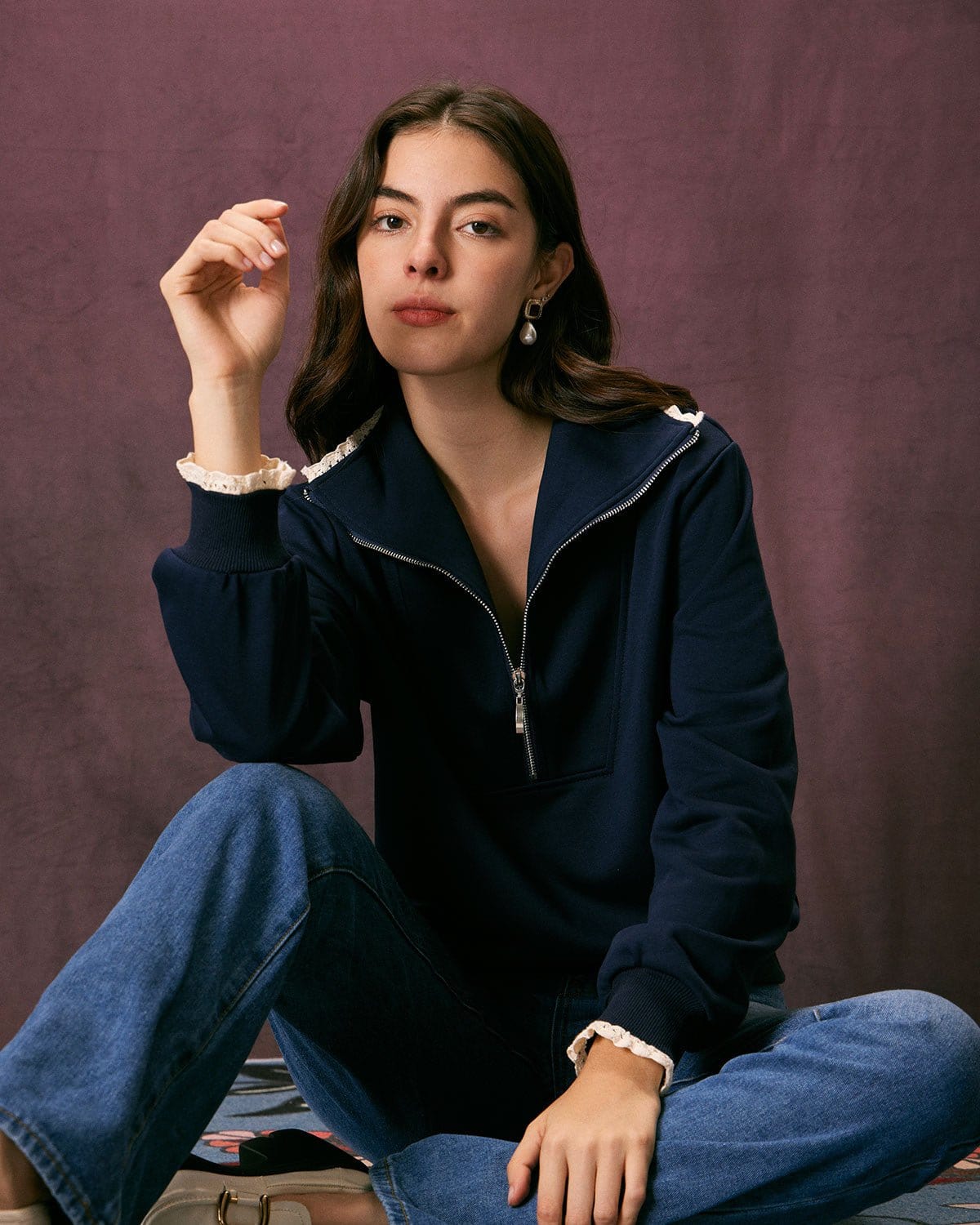 Μπλούζα Με Φερμουάρ Και Γιακά Στο Τελείωμα, Μπλε Σκούρο