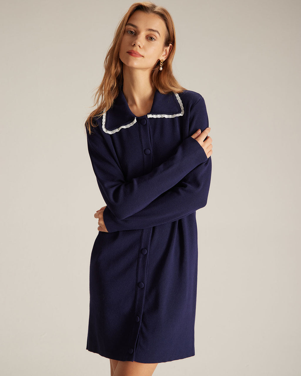 Μίνι Φόρεμα Με Γιακά Peter Pan Και Πλεκτό Μπλε Σκούρο