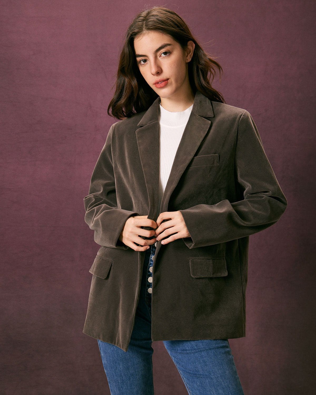 Χακί Βελούδινο Σακάκι Με Ένα Κουμπί