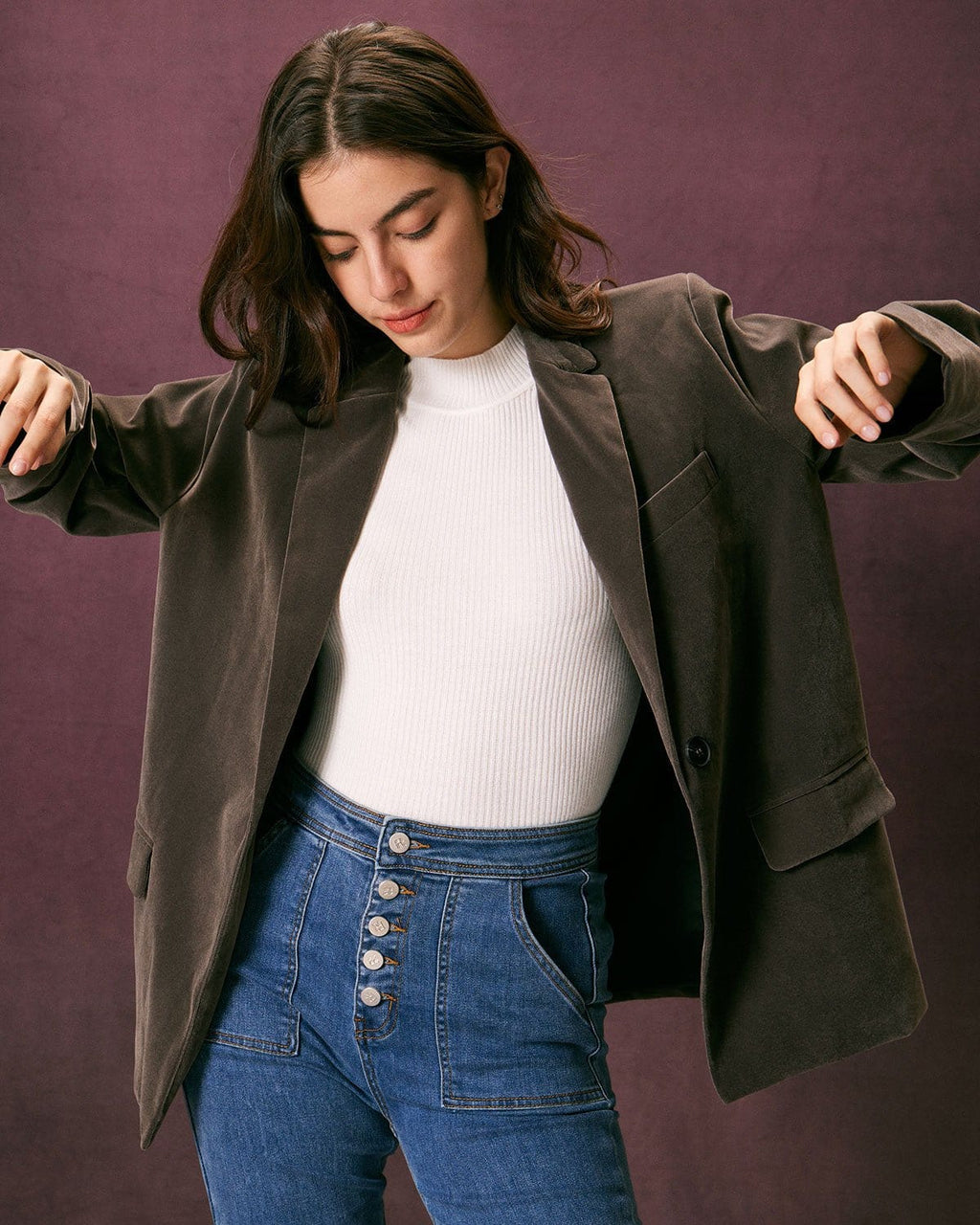 Χακί Βελούδινο Σακάκι Με Ένα Κουμπί