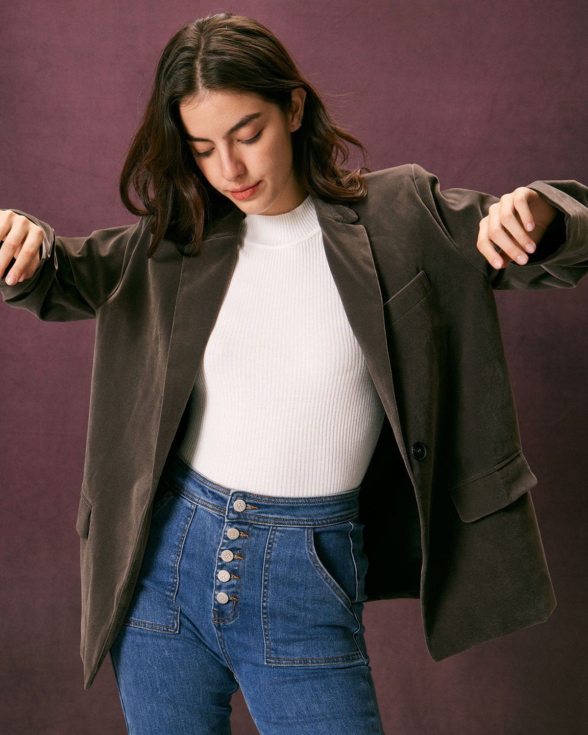 Χακί Βελούδινο Σακάκι Με Ένα Κουμπί