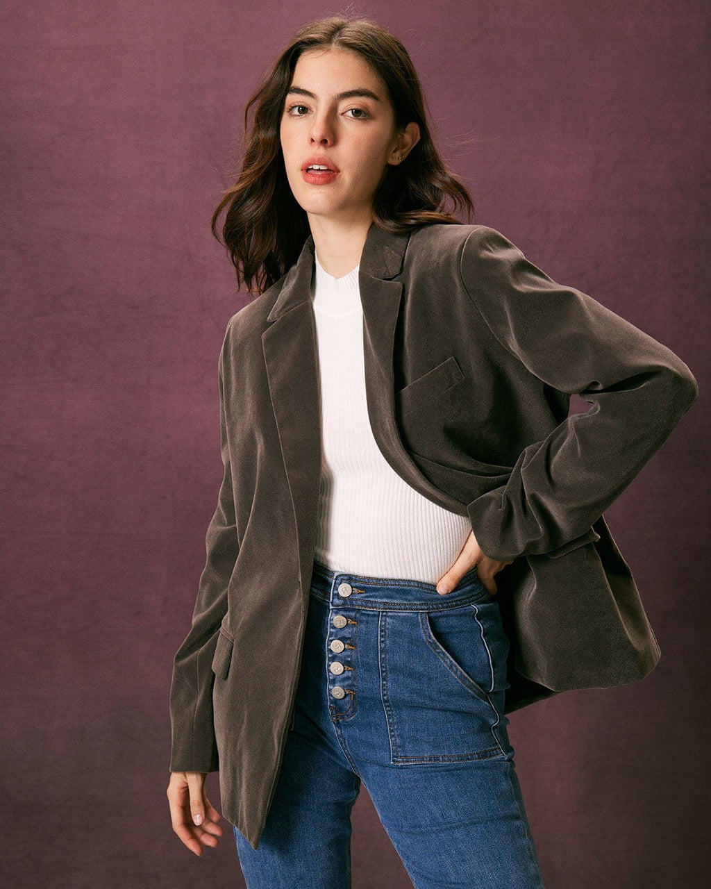 Χακί Βελούδινο Σακάκι Με Ένα Κουμπί