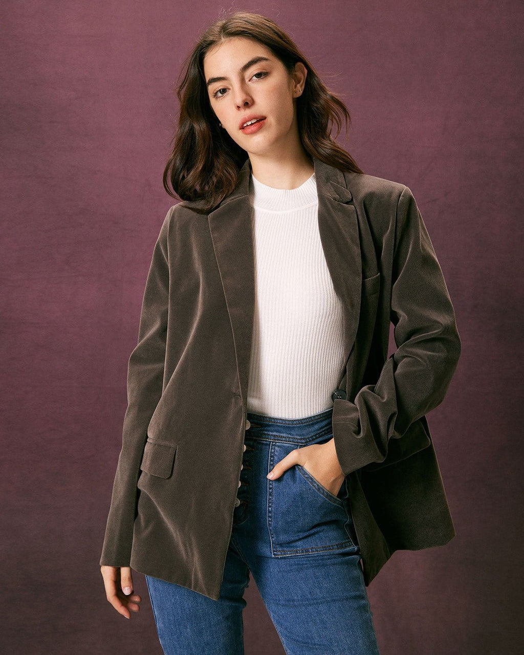 Χακί Βελούδινο Σακάκι Με Ένα Κουμπί