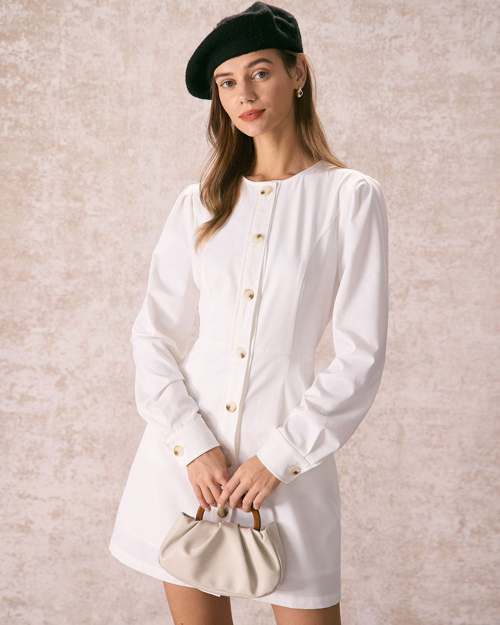 Λευκό Μίνι Φόρεμα Με Στρογγυλή Λαιμόκοψη Και Κουμπιά