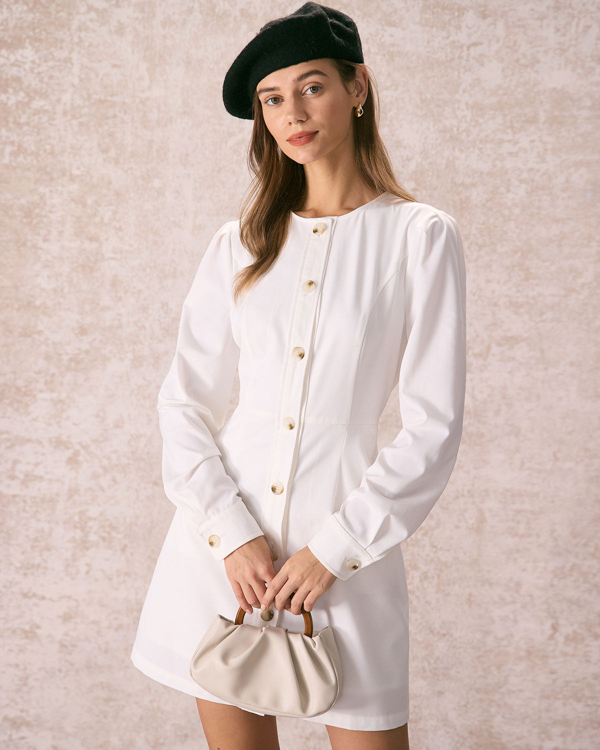 Λευκό Μίνι Φόρεμα Με Στρογγυλή Λαιμόκοψη Και Κουμπιά