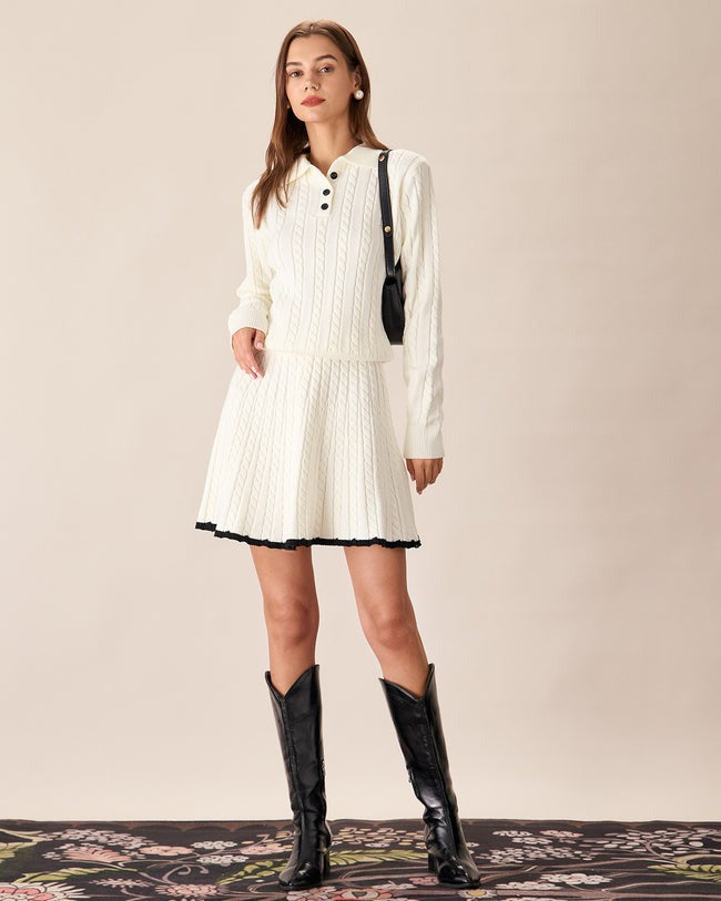 Λευκή Πλεκτή Μίνι Φούστα Με Αντίθεση