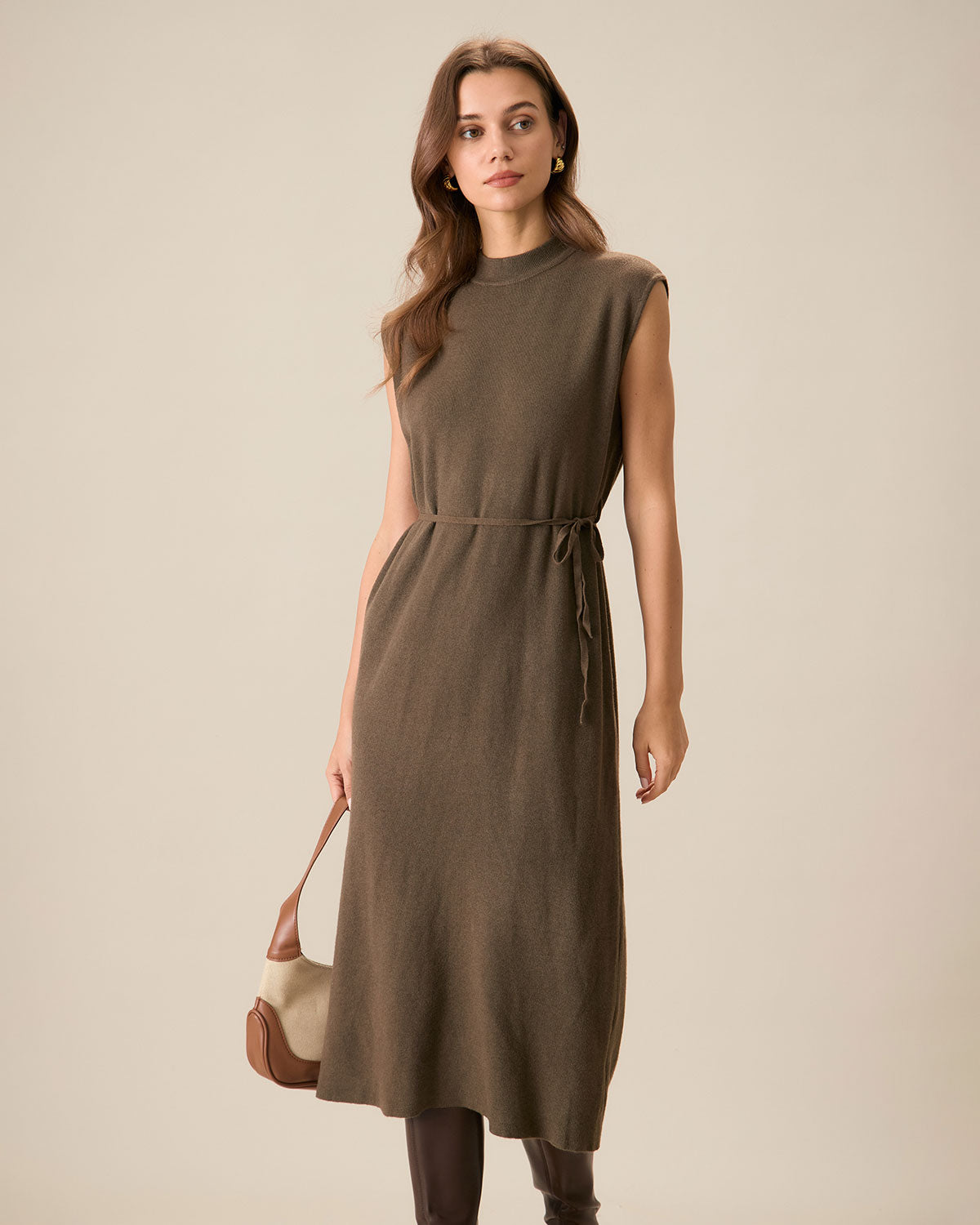 Φόρεμα-Πουλόβερ Με Καφέ Ριμπ Ύφανση