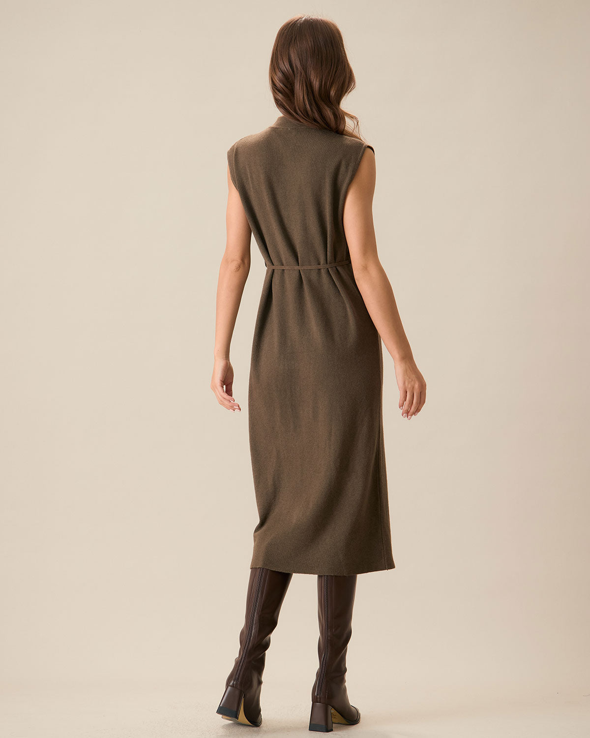 Φόρεμα-Πουλόβερ Με Καφέ Ριμπ Ύφανση