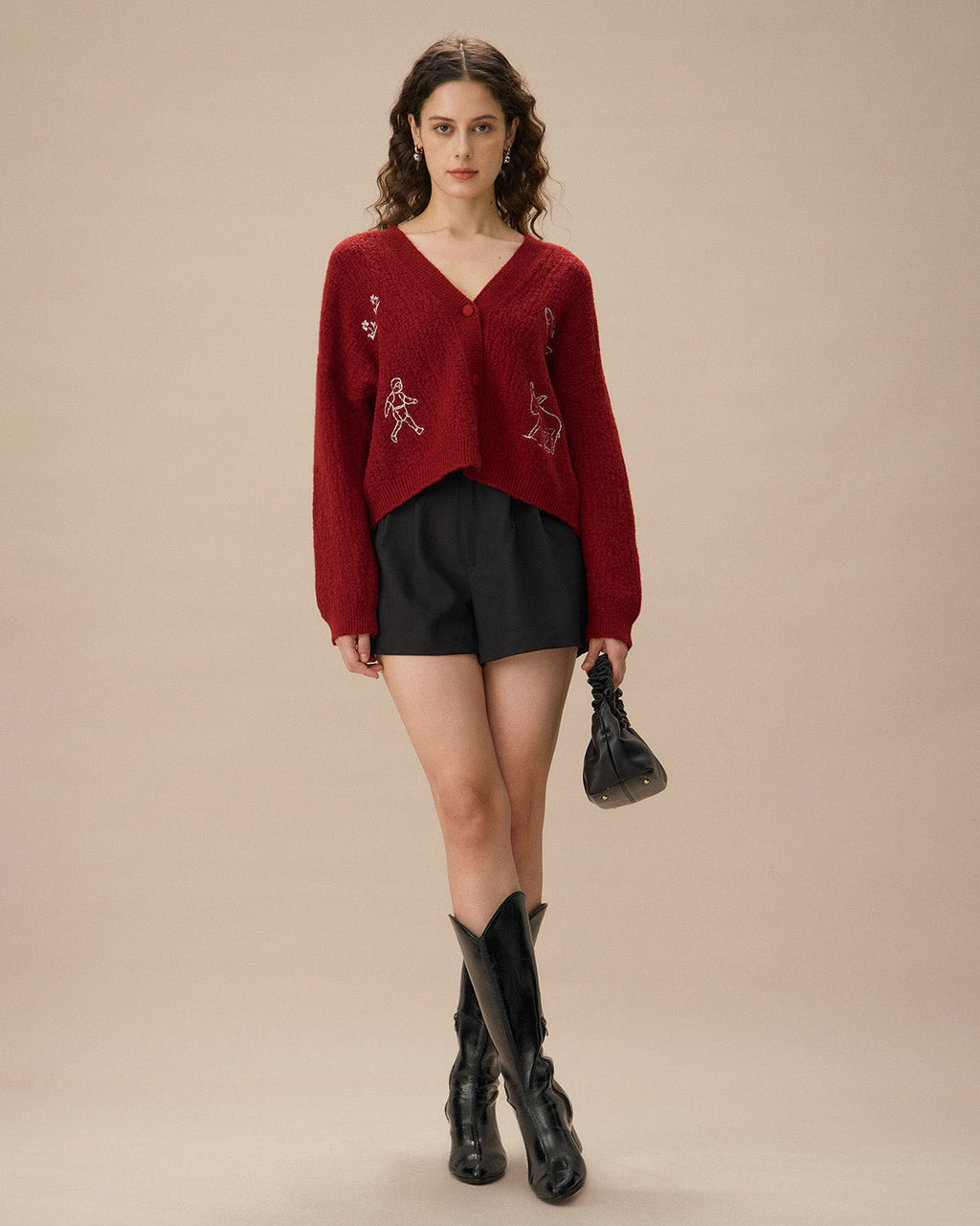 Κόκκινη Ζακέτα Με Κουμπιά Και Λαιμόκοψη V, Έξω Από Τους Ώμους