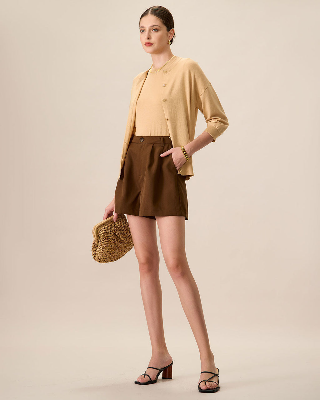 Μπεζ Ζακέτα Tencel Με Στρογγυλή Λαιμόκοψη Και Ριμπ Ύφανση