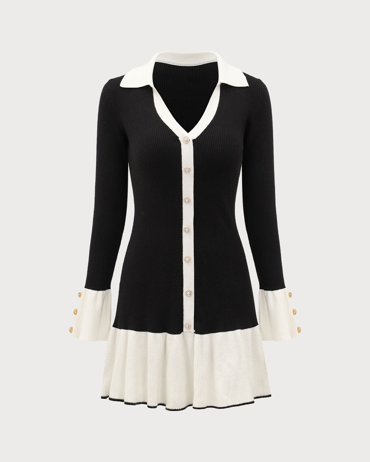 Μαύρο Φόρεμα-Πουλόβερ Με Μανίκια Καμπάνα Σε Αντίθεση