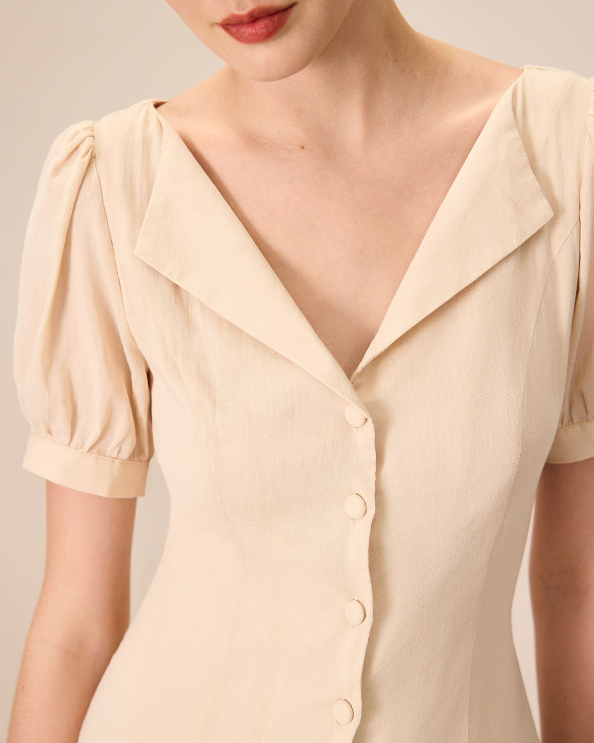 Μπεζ Φόρεμα Μίντι Με Φουσκωτά Μανίκια Από Βαμβάκι