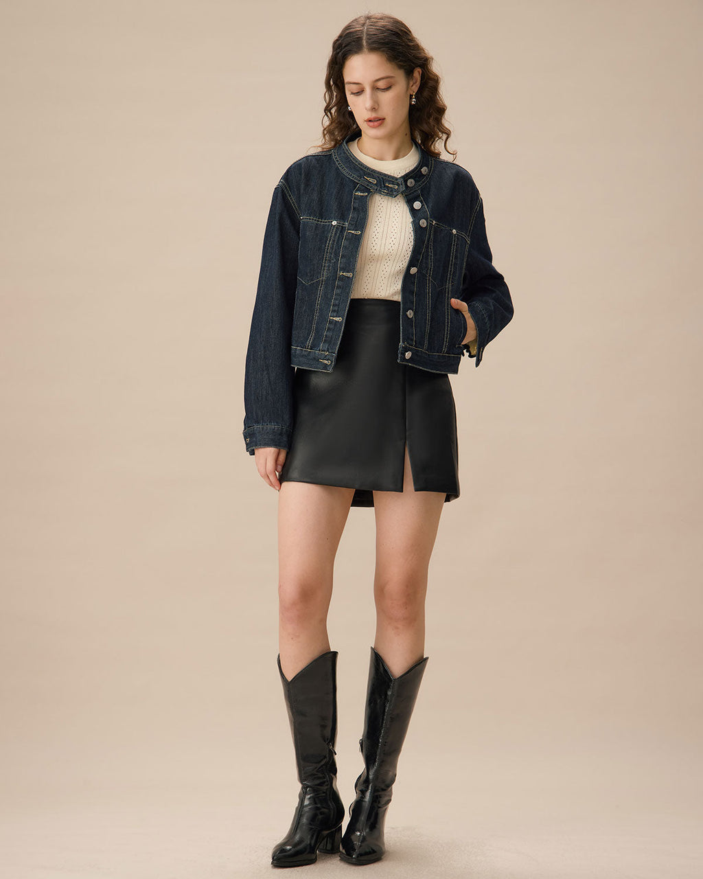 Μπλε Τζιν Μπουφάν Με Ένα Κουμπί Και Τσέπες