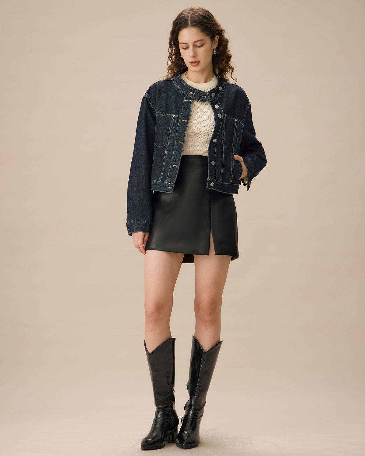 Μπλε Τζιν Μπουφάν Με Ένα Κουμπί Και Τσέπες