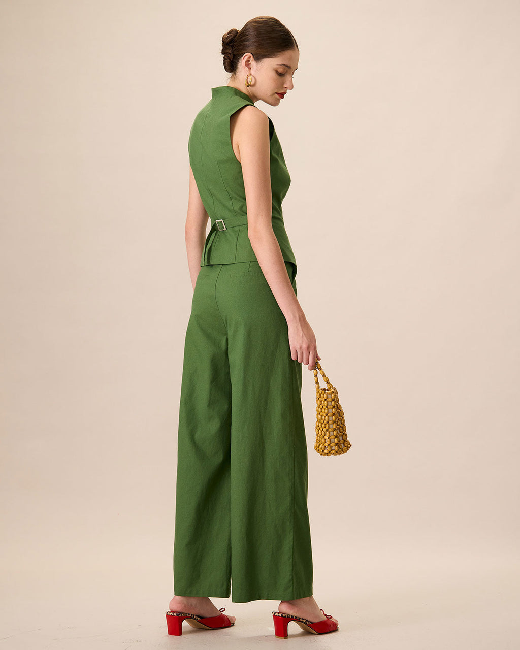 Πράσινο Παντελόνι Με Ψηλή Μέση Από Βαμβάκι Και Λινό Με Φαρδιά Μπατζάκια