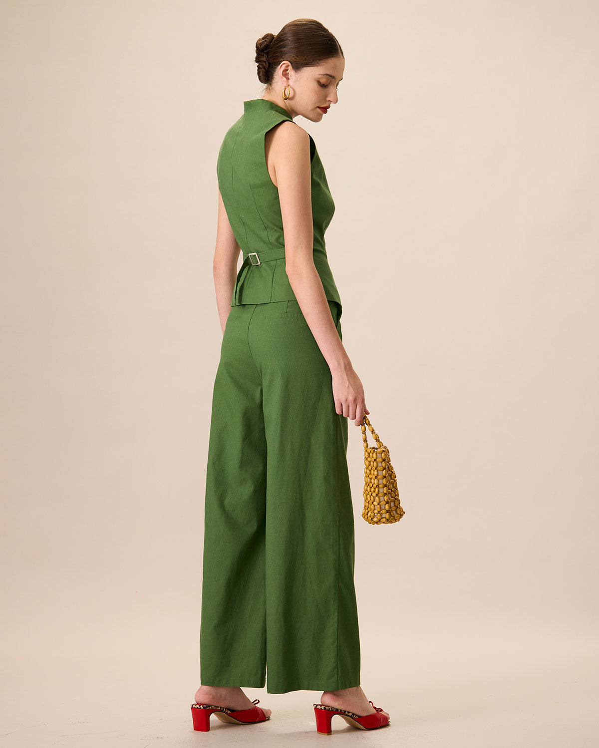 Πράσινο Παντελόνι Με Ψηλή Μέση Από Βαμβάκι Και Λινό Με Φαρδιά Μπατζάκια