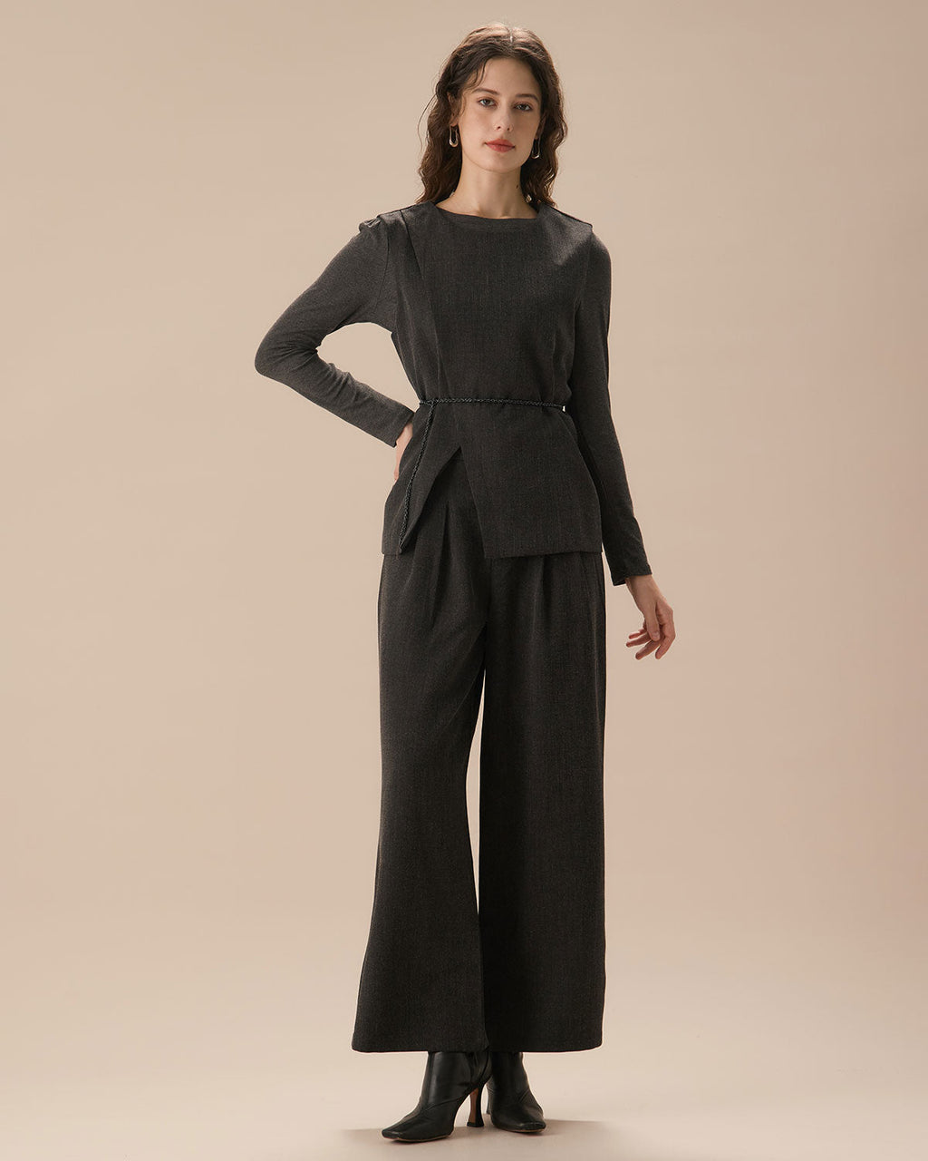 Γκρι Πλισέ Ίσιο Παντελόνι Με Φαρδιά Μπατζάκια