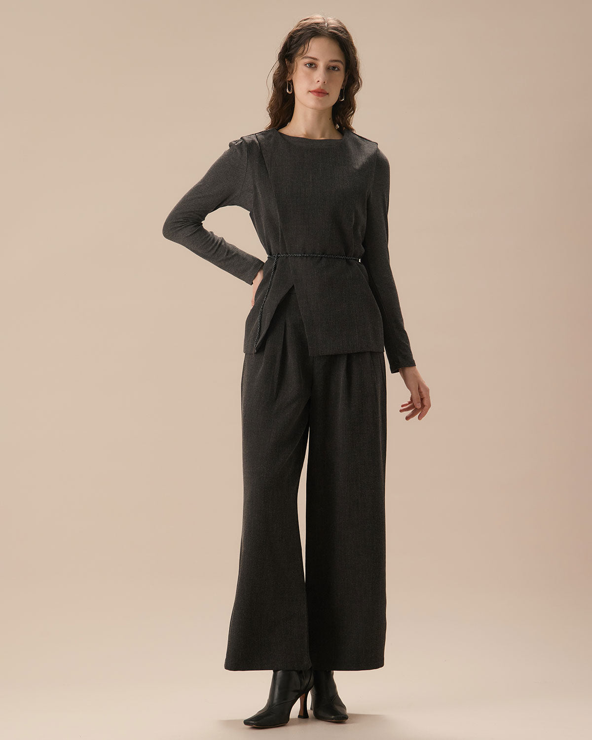 Γκρι Πλισέ Ίσιο Παντελόνι Με Φαρδιά Μπατζάκια