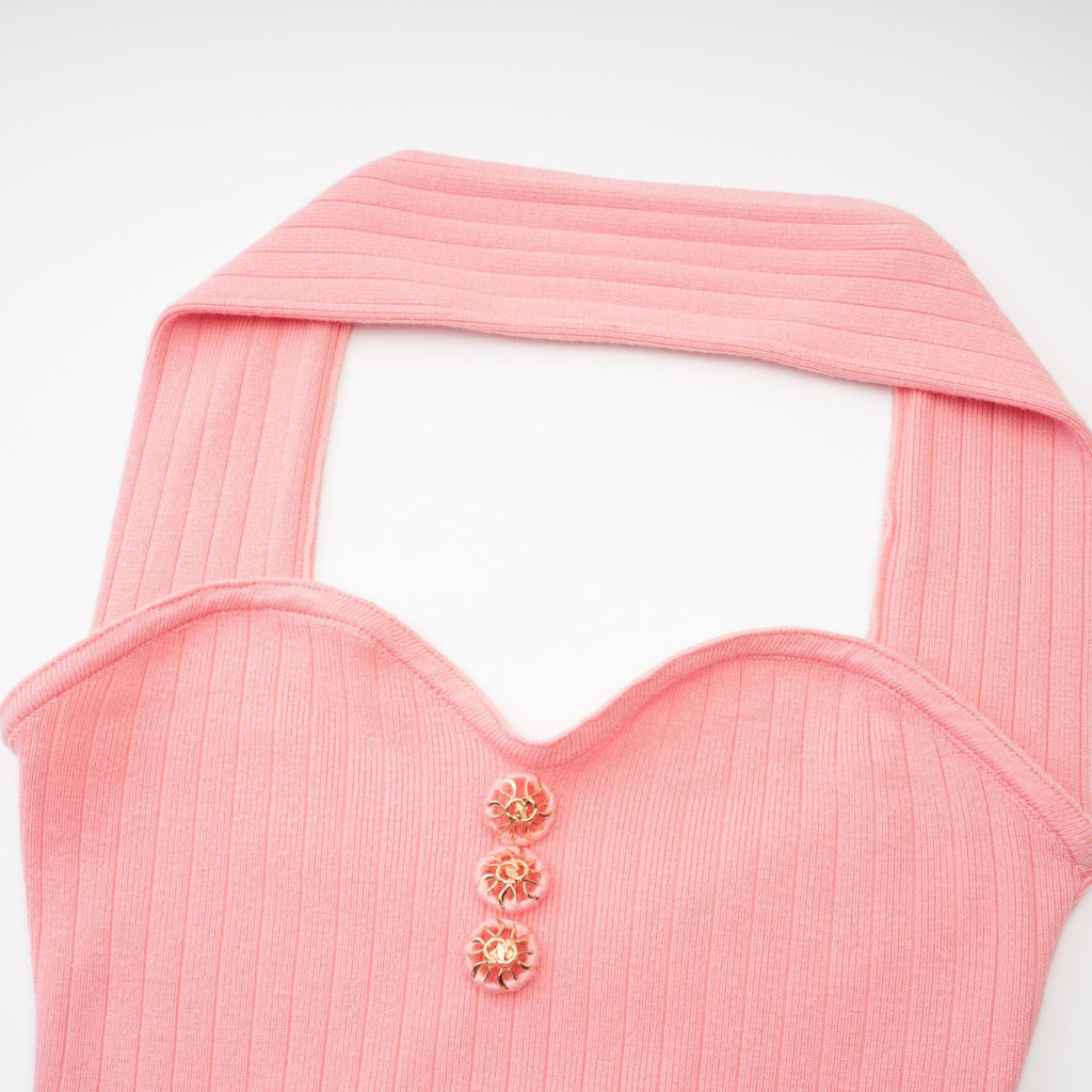 Φόρεμα Midi Με Halter Και Ροζ Πλεκτό Σχέδιο Ylviana