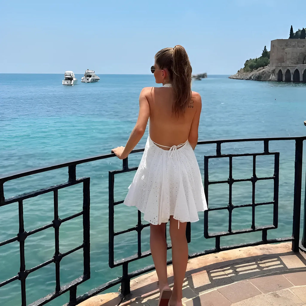 Μίνι Φόρεμα Με Τιράντες Και Λαιμόκοψη Από Βαμβάκι Και Δαντέλα